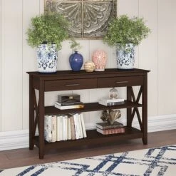 Bush Furniture Key West 47" X 16" Console Table With Drawers And Shelves, Bing Cherry (KWT248BC-03)