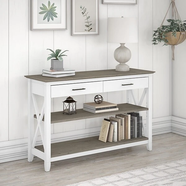 Bush Furniture Key West 47" X 16" Console Table With Drawers And Shelves, Shiplap Gray/Pure White (KWT248G2W-03)