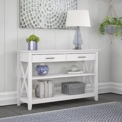 Bush Furniture Key West 47" X 16" Console Table With Drawers And Shelves, Pure White Oak (KWT248WT-03)