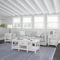 Bush Furniture Key West 47" X 24" Coffee Table With 2 End Tables, Pure White Oak (KWS023WT)