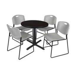 Regency 30" Laminate Round Table With 4 Grey Zeng Stack Chairs, Gray (TB30RNDMW44GY)