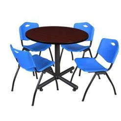 Regency 42-inch Round Laminate Mahogany Training Rooms Table With 4 M Stacker Chairs, Blue (TKB42RNDMH47BE)