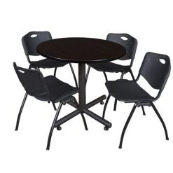 Regency 42-inch Round Laminate Mocha Walnut Table With 4 M Stacker Chairs, Black (TKB42RNDMW47BK)