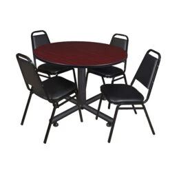 Regency 48-inch Round Laminate Table With 4 Restaurant Stack Chairs, Mahogany (TKB48RNDMH29)