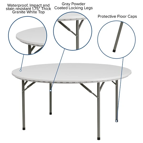 Flash Furniture 29"H X 60"L X 60"D Granite Plastic Folding Table, White - Image 4
