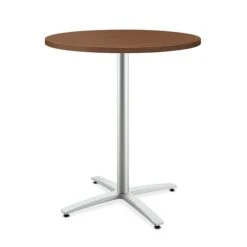 HON Between Round Table, Standing Height X-Base, 36"D, Shaker Cherry Laminate/Textured Silver