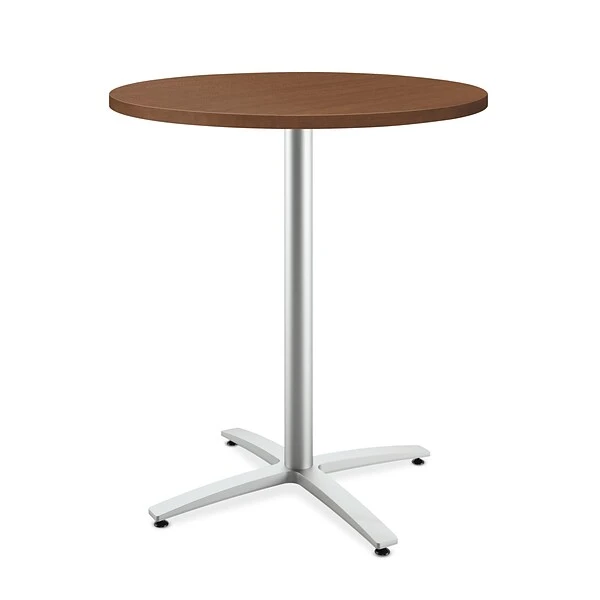 HON Between Round Table, Standing Height X-Base, 36"D, Shaker Cherry Laminate/Textured Silver