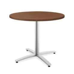HON Between Round Table, Seated Height X-Base, 36"D, Shaker Cherry Laminate/Textured Silver Finish