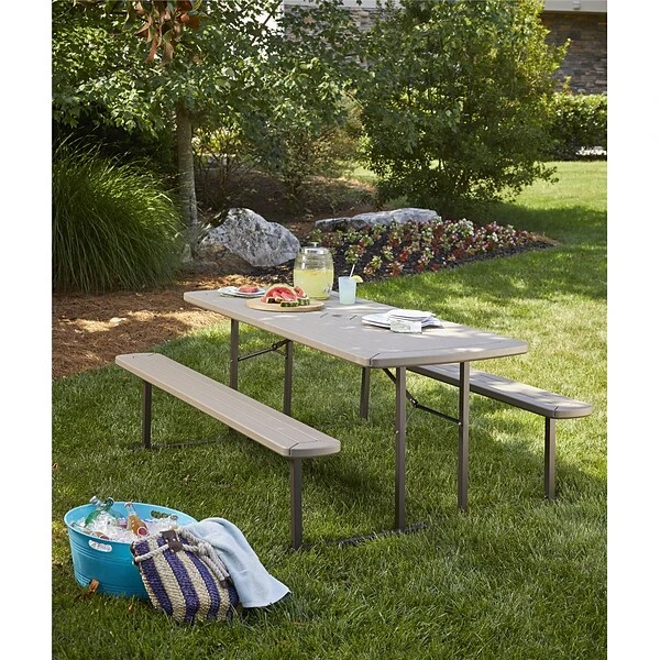 COSCO 6 Ft. Folding Blow Mold Picnic Table, Gray Wood Grain With Brown Legs (87902GRY1E) - Image 4