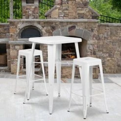 Flash Furniture Metal Indoor-Outdoor Bar Table Set W/2 Backless Barstools, White (CH31330B230SQWH)